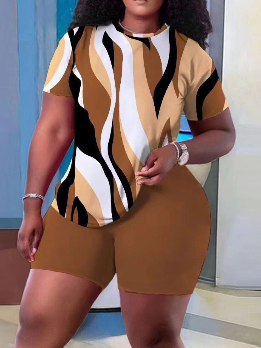 LW Plus Size Round Neck Mixed Print Shorts Set