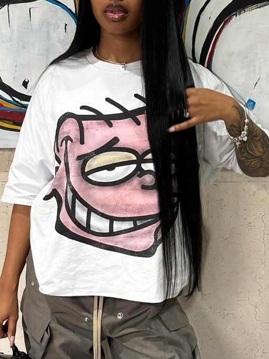 LovelyWholesale Round Neck Graffiti Print T-shirt Summer Short Sleeve Cute None Round Neck Spring Summer 2024