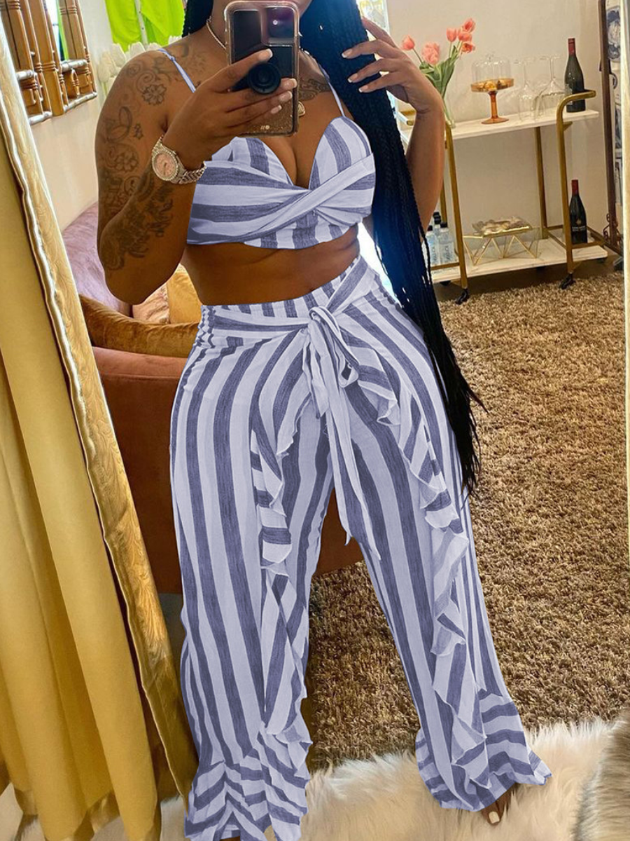 LW Plus Size Striped Flounce Design Wide Leg Pants Set