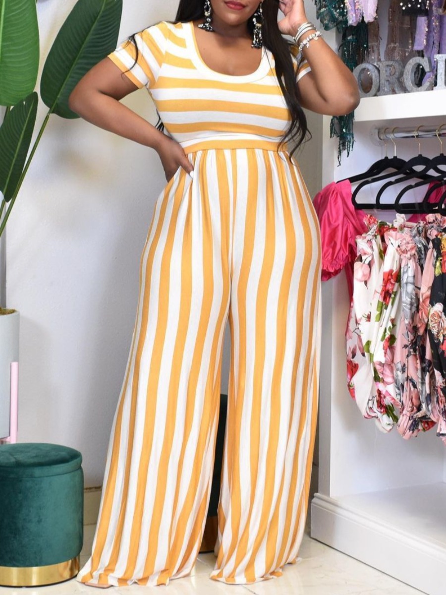 LW Plus Size U Neck Striped Wide Leg Pants Set