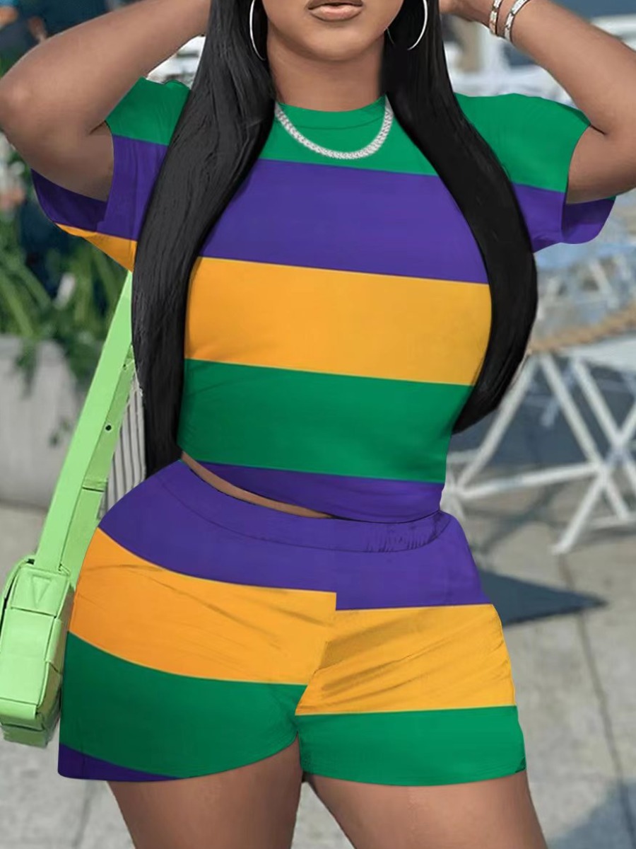 LovelyWholesale Plus Size Striped Patchwork Shorts Set Summer Short Sleeve Casual Color Block Round Neck  5X Spring Summer 2024