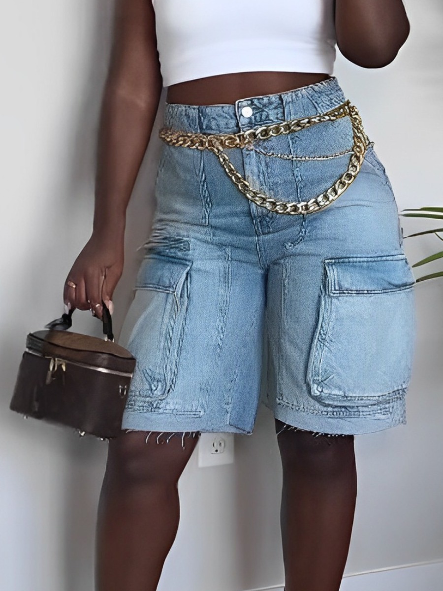 LovelyWholesale Plus Size High Waist Raw Edge Side Pocket Denim Shorts Summer Long Sleeve Street Pocket Design  3X Spring Summer 2024