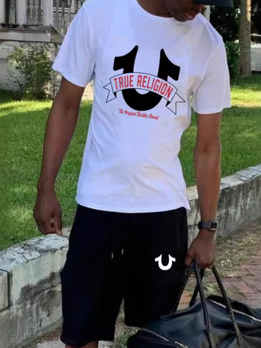 LW COTTON Men Round Neck Letter Print Shorts Set