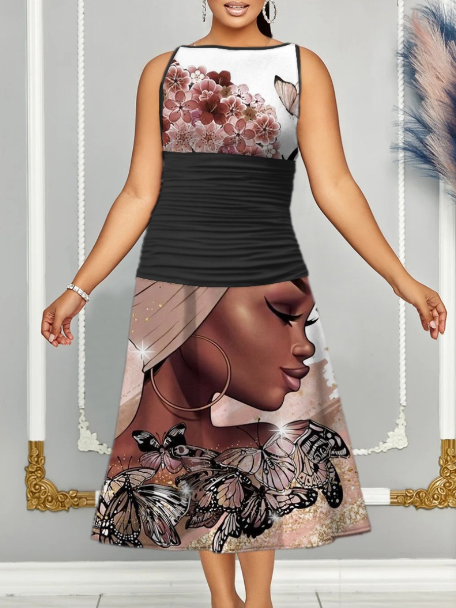 LW Plus Size Figure Butterfly Floral Print A Line 