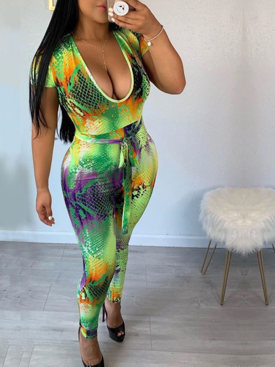 LW U Neck Snakeskin Print Belt Design Jumpsuit