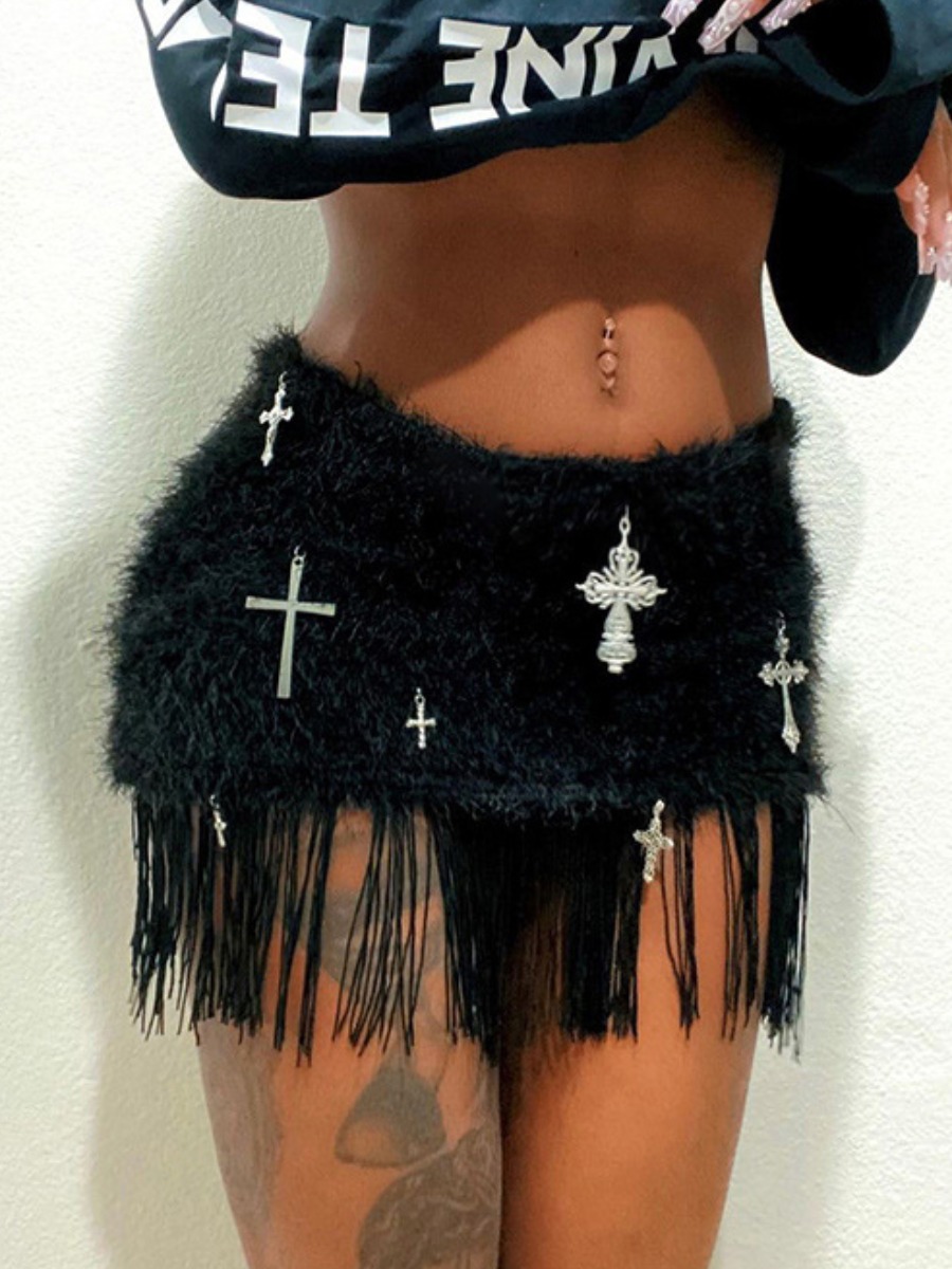 LovelyWholesale Tassel Design Rhnestone Decor Fluffy Skirt Summer Nine Points Sleeve Street Tassel Design Spring Summer 2024