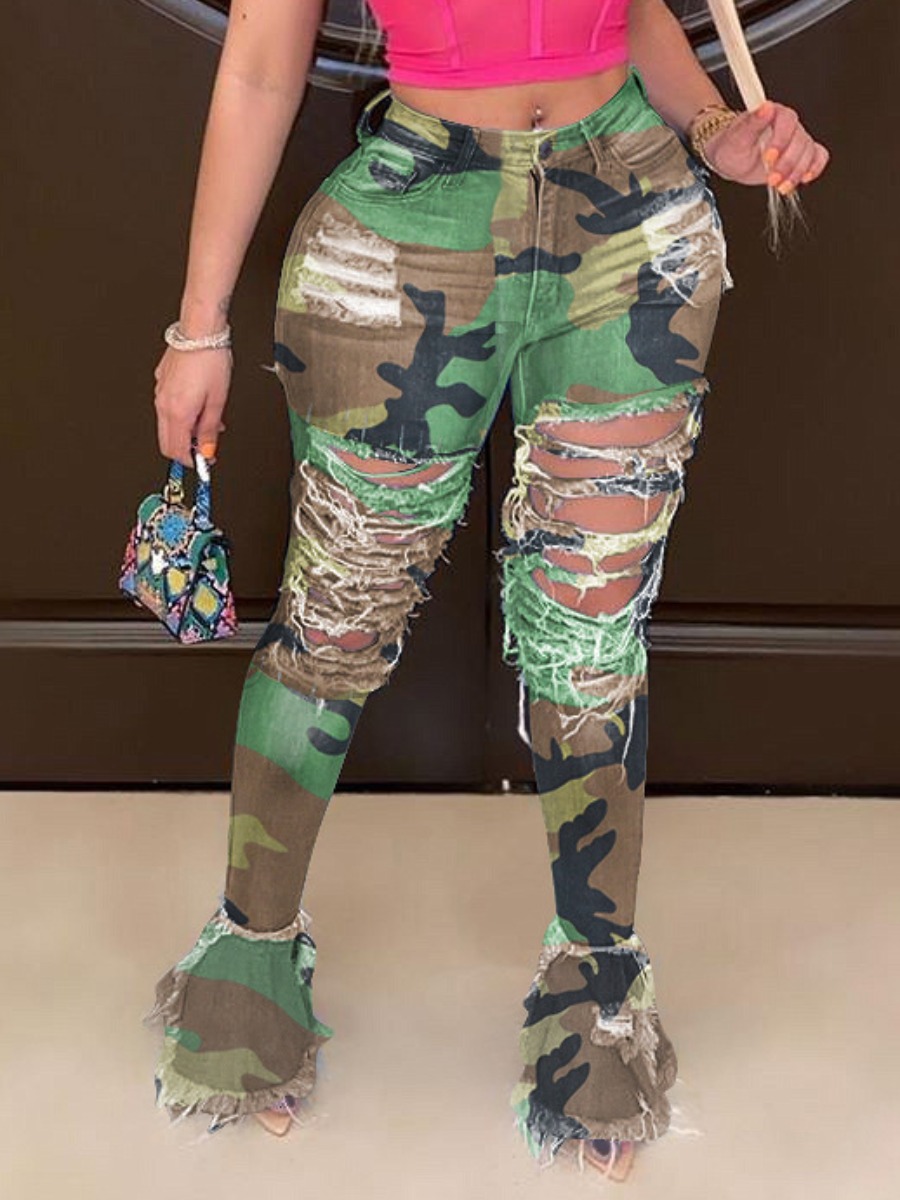 LW Plus Size Camo Print Ripped Flared Jeans
