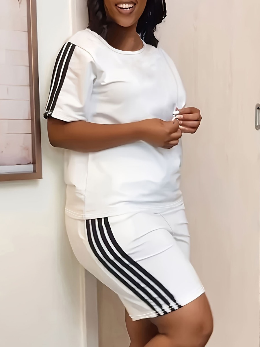 LW Plus Size Round Neck Striped Shorts Set