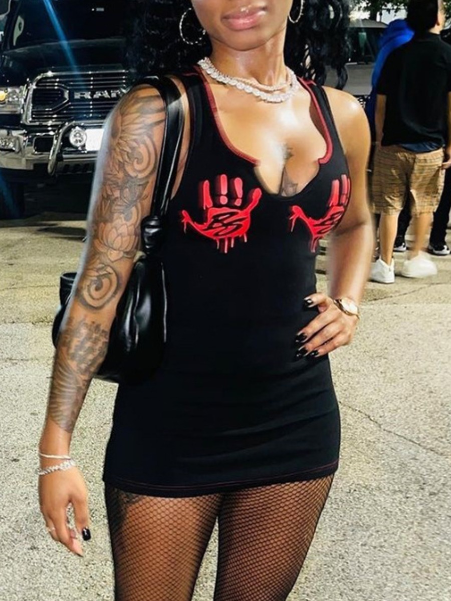 LovelyWholesale Palm Print Bodycon Cami Dress Summer Sleeveless Casual Edge Notch Neck Spring Summer 2024