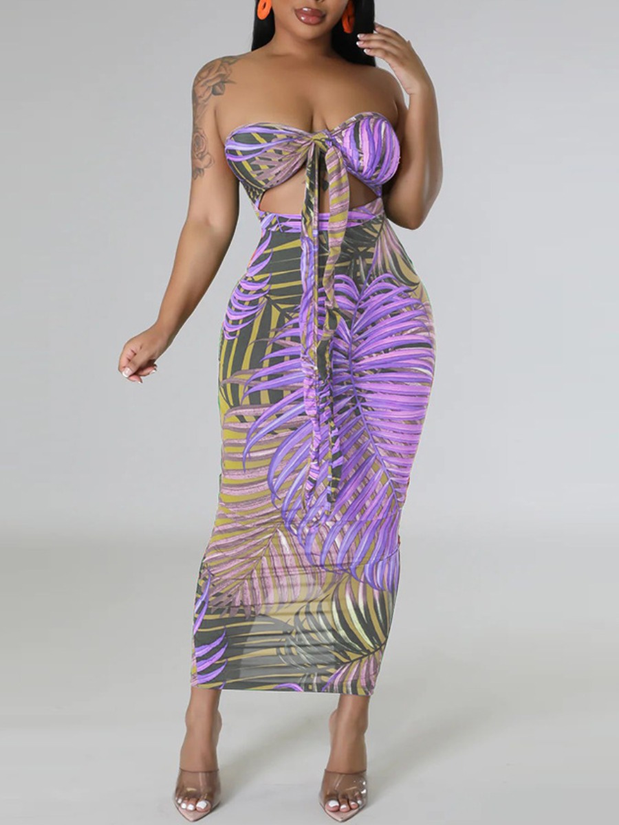 LW Plant Print Bandage Design See Through Dress