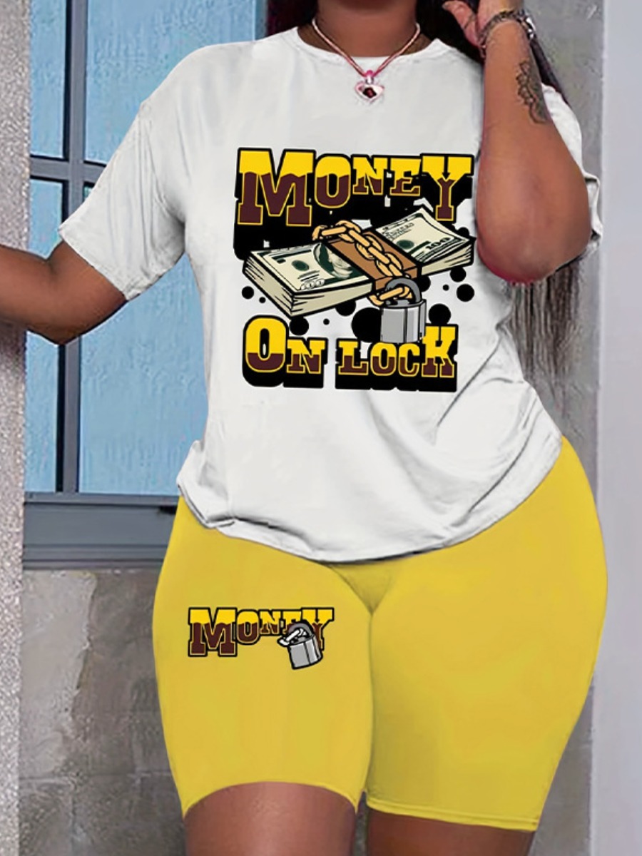 LW Plus Size Money Letter Print Shorts Set