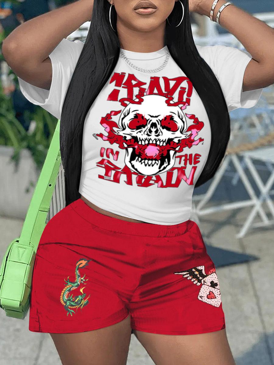 LW Skull Head Letter Print Shorts Set