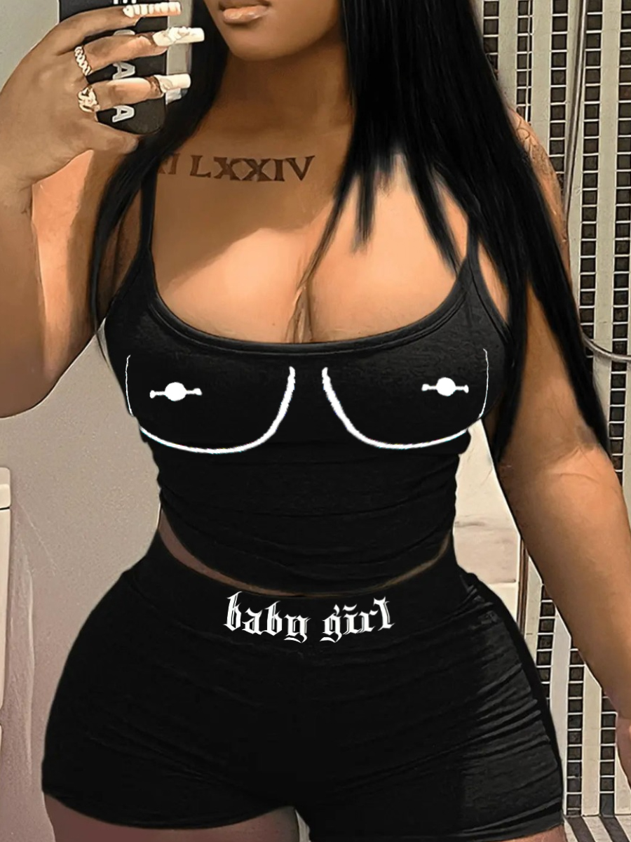 LW SXY Cami Letter Print Skinny Shorts Set