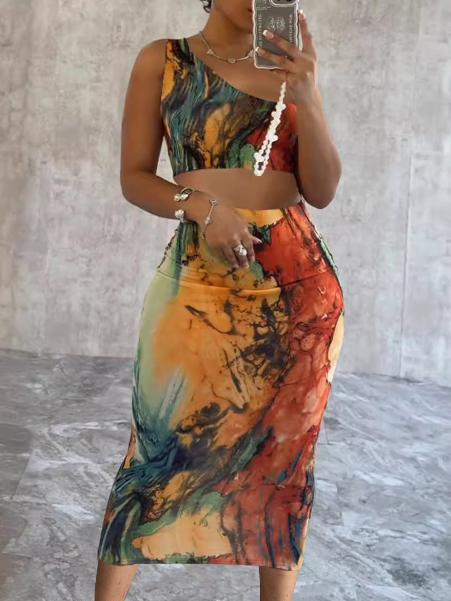 LW Plus Size One Shoulder Mixed Print Skirt Set