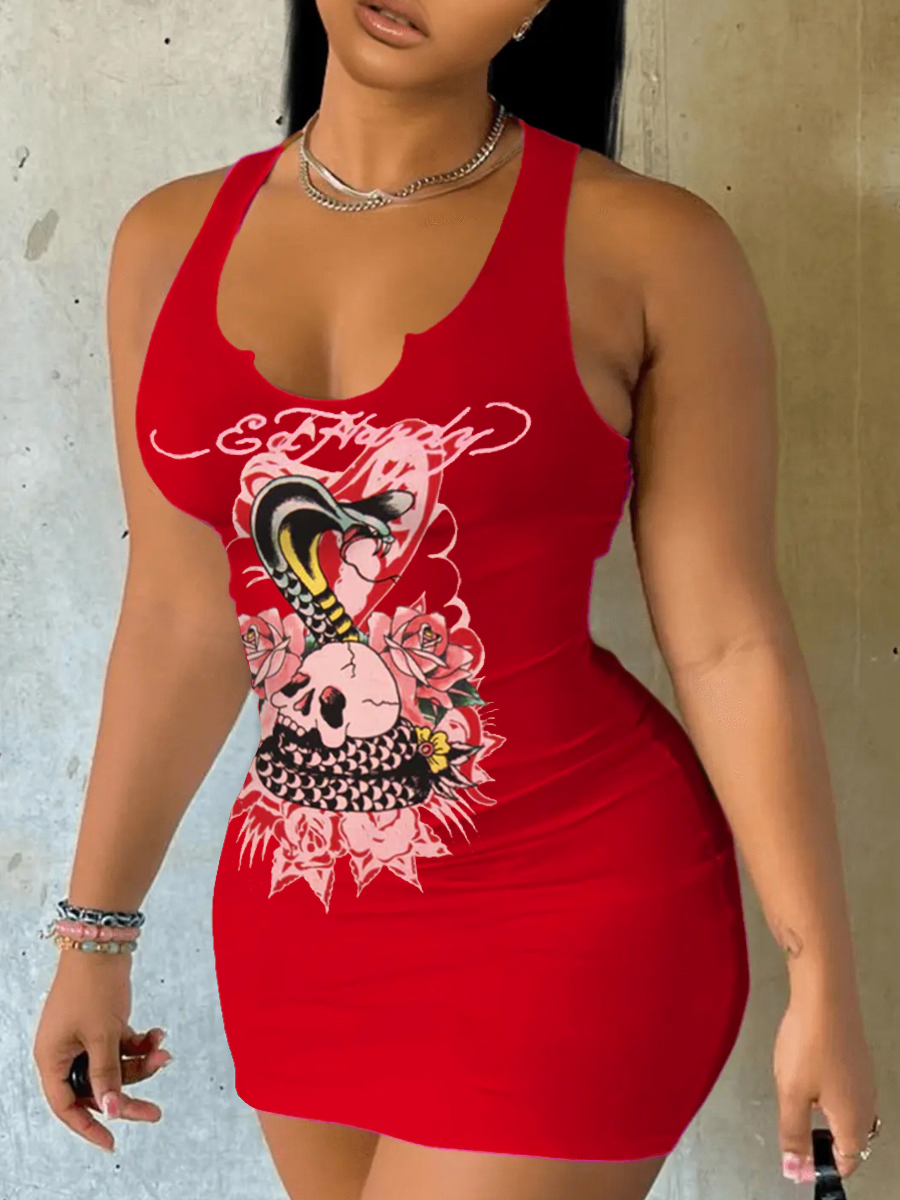 LW Skull Head Dragon Floral Print Bodycon Dress