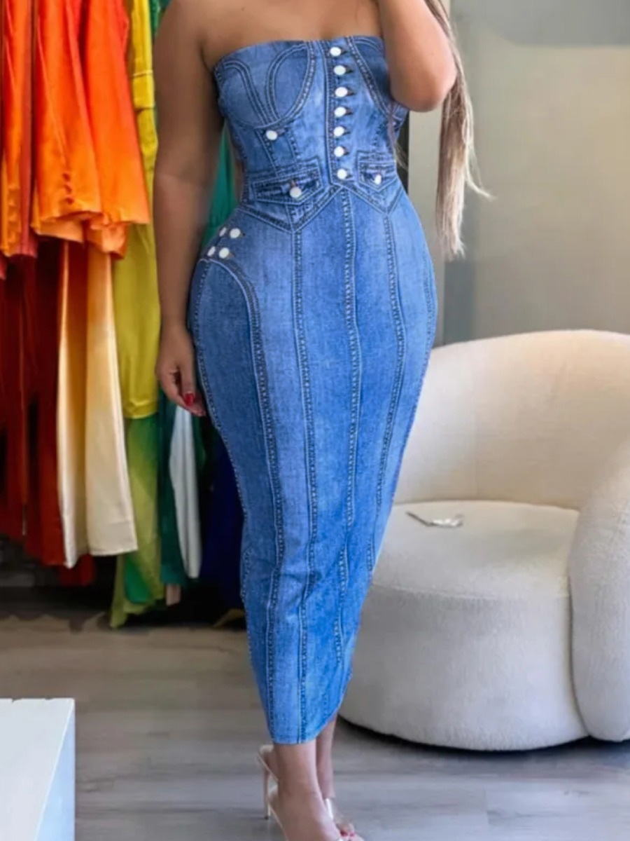 LW Imitation Denim Off The Shoulder Slit Bodycon Dress