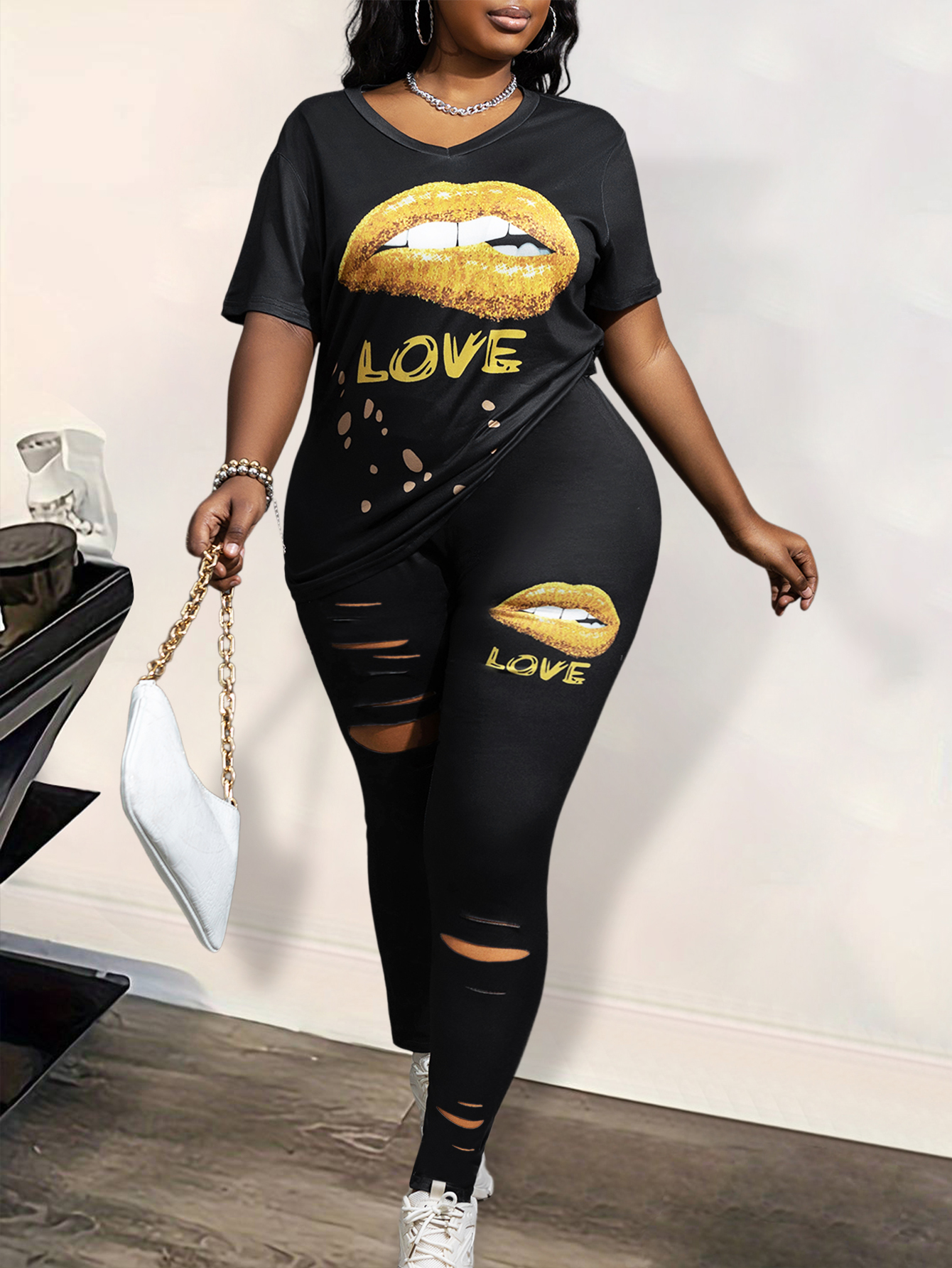 LW Plus Size Lip Letter Print Ripped Pants Set 2X