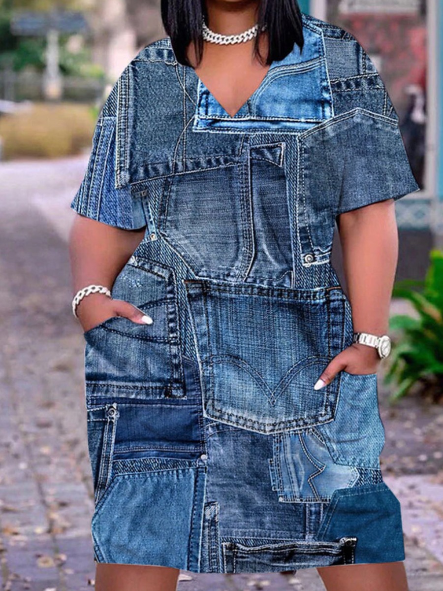 LW Plus Size Imitation Denim V Neck Pocket Design Dress