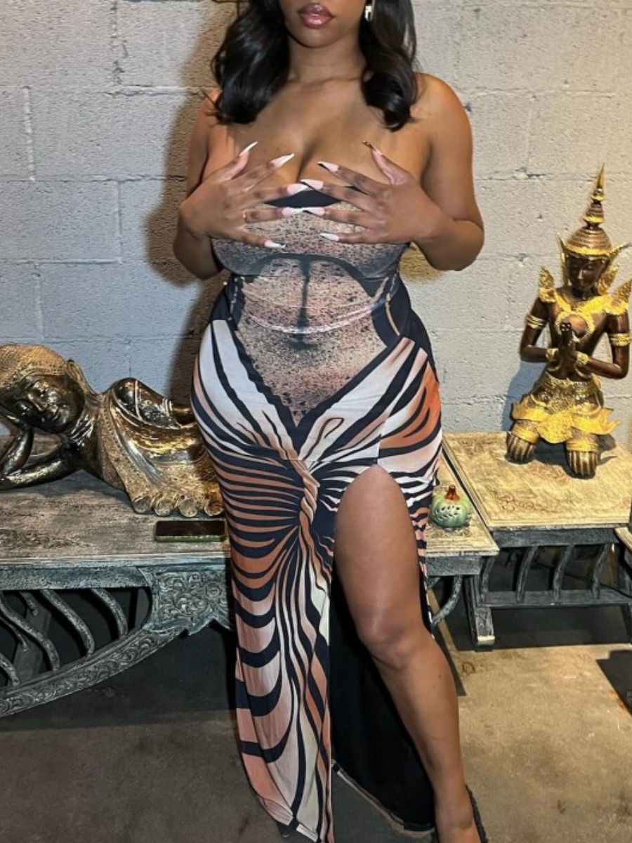 LW SXY Off The Shoulder Animal Print Thigh Slit Dr