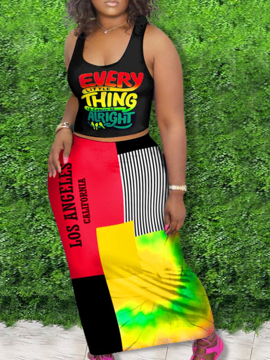LW Plus Size Tie Dye Letter Print Patchwork Skirt Set