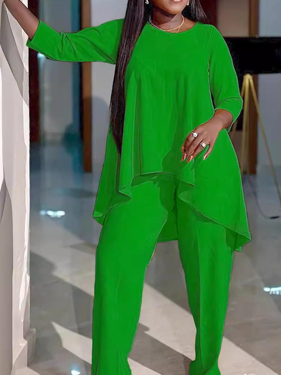 LW BASICS Plus Size Round Neck Asymmetrical Loose Pants Set
