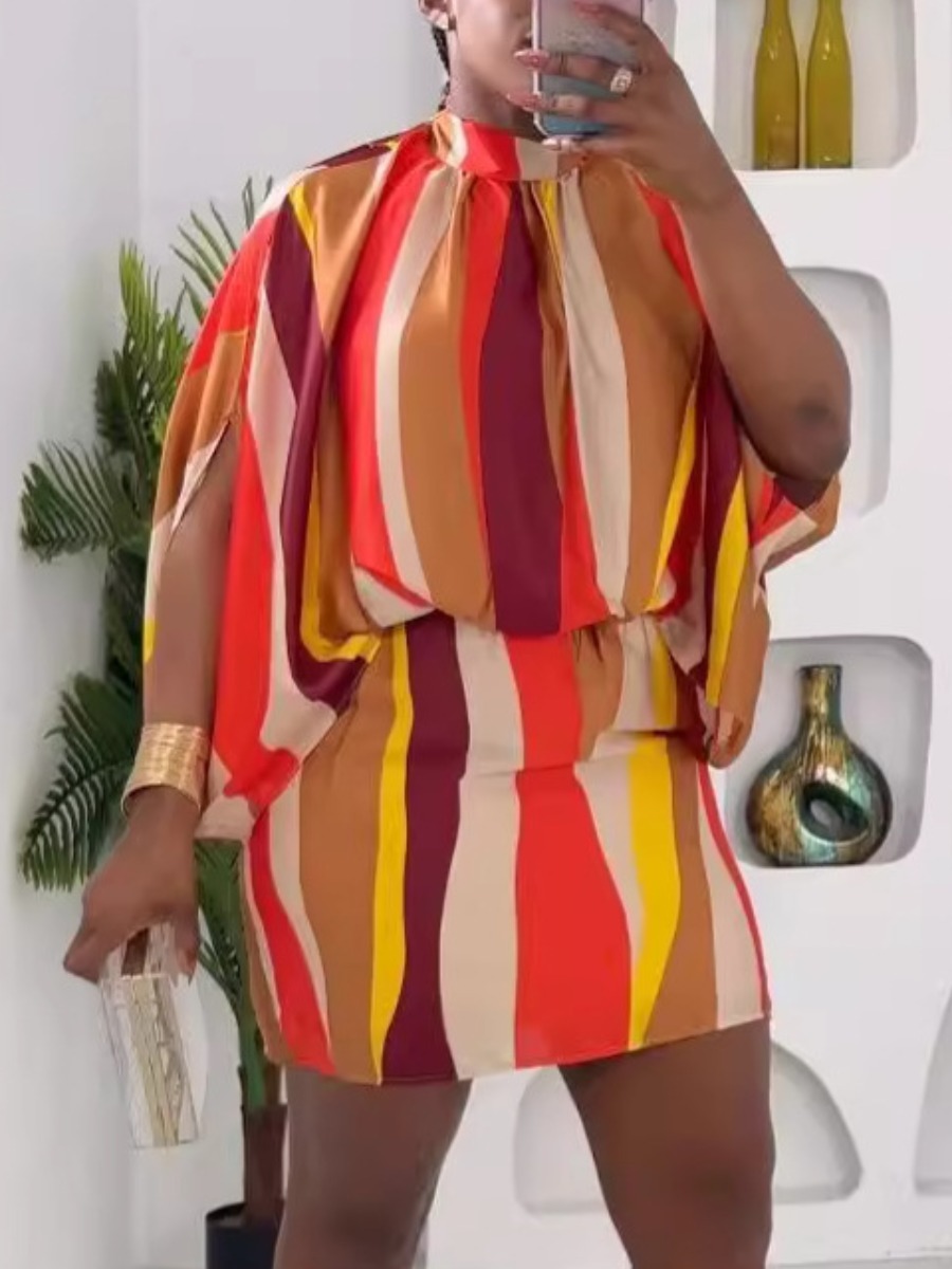 LW Plus Size Split Sleeve Striped Patchwork Dress