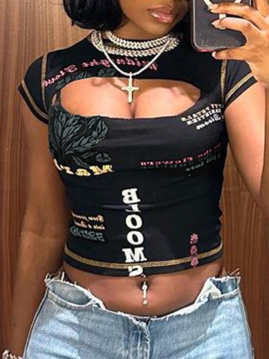 LW Letter Print Cut Out T-shirt