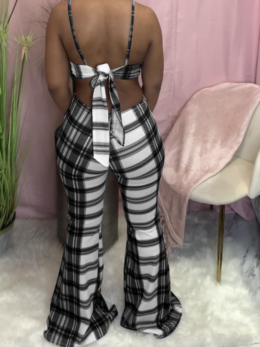 LW Bandage Hollow Out Design Medium Plaid Jumpsuit
