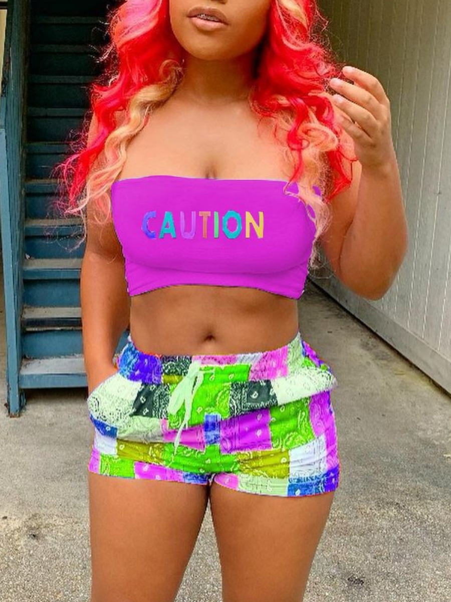 LW Tube Top Letter Cashew Print Drawstring Shorts 