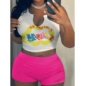 LW Crop Top Letter Print Rib Knit Shorts Set