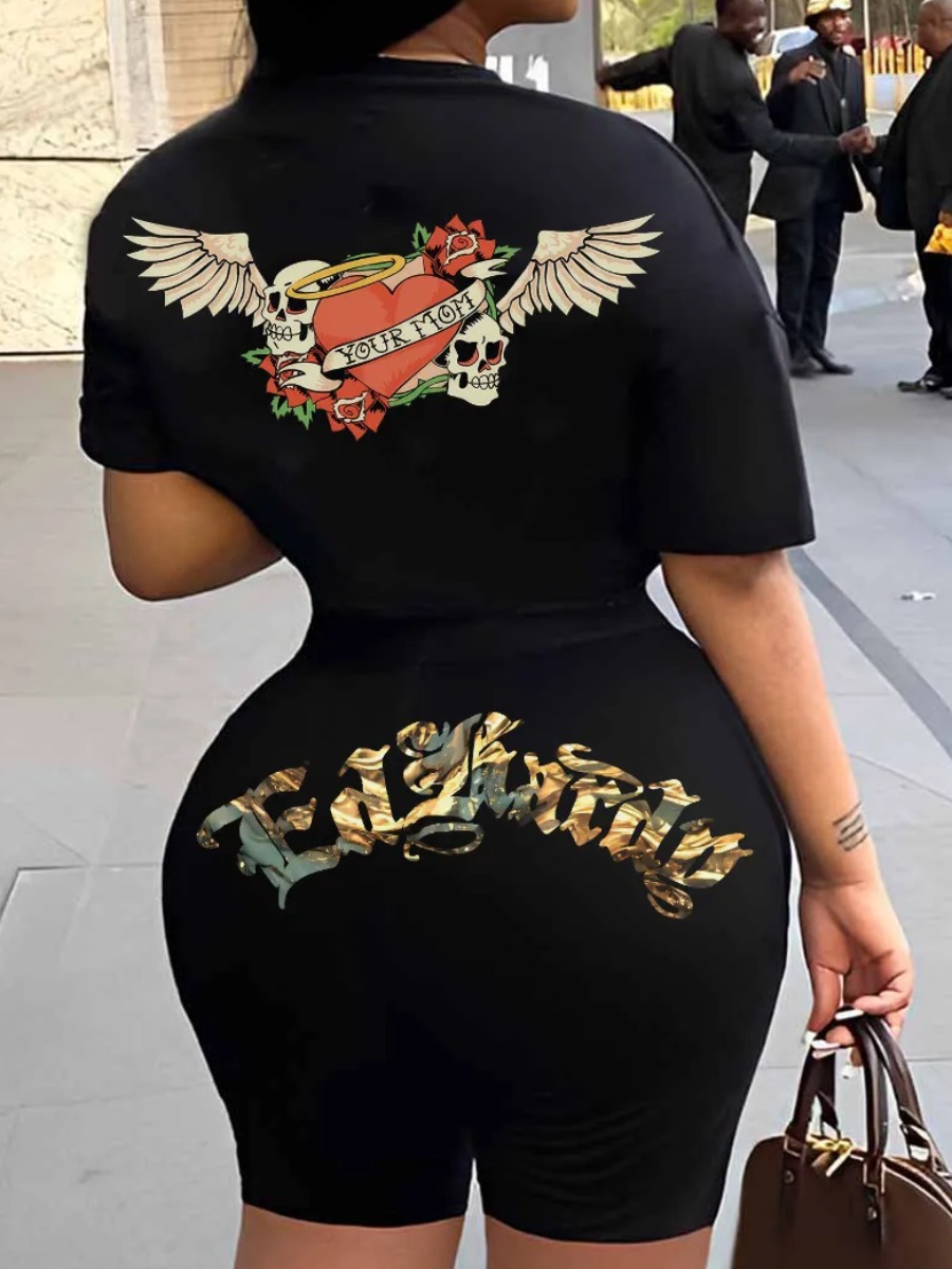 LW Plus Size Skull Head Letter Print Shorts Set