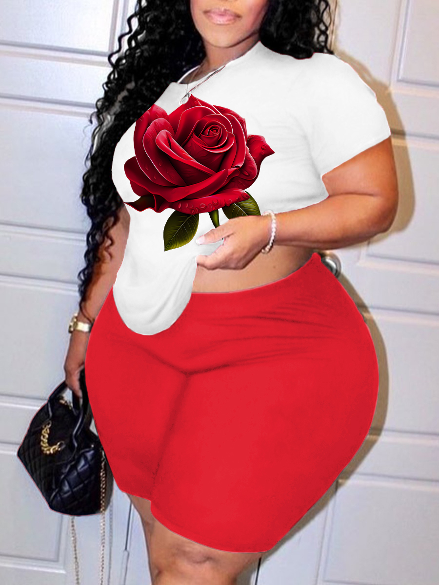 LW Plus Size Rose Flower Print Regular Fit Shorts Set