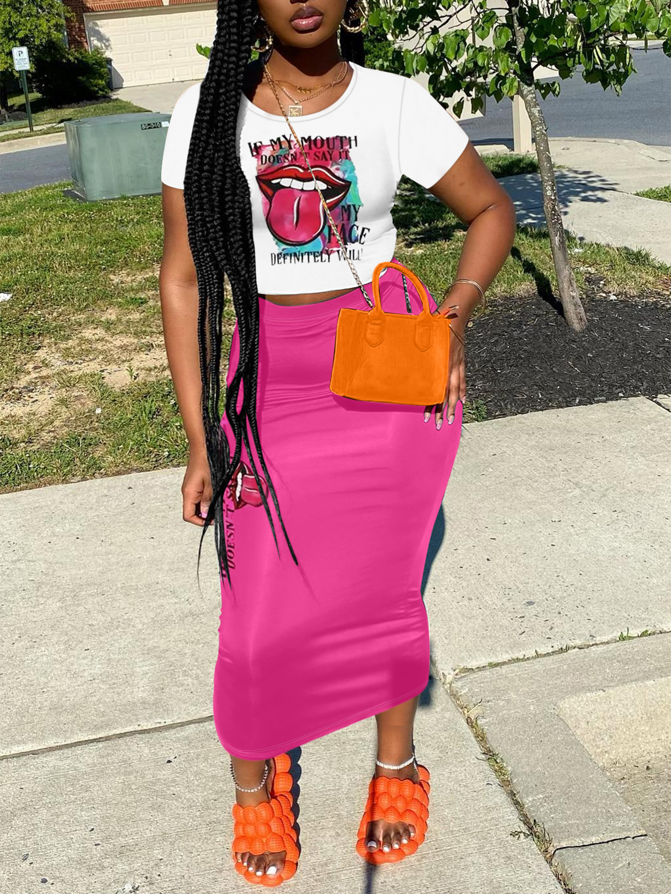 LW Crop Letter Lip Print Skirt Set