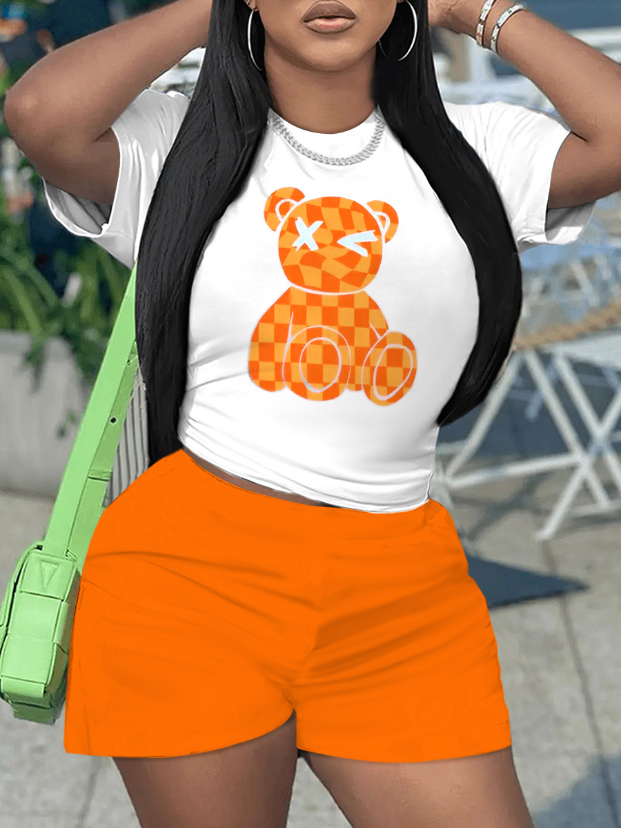 LW Round Neck Teddy Bear Print Shorts Set