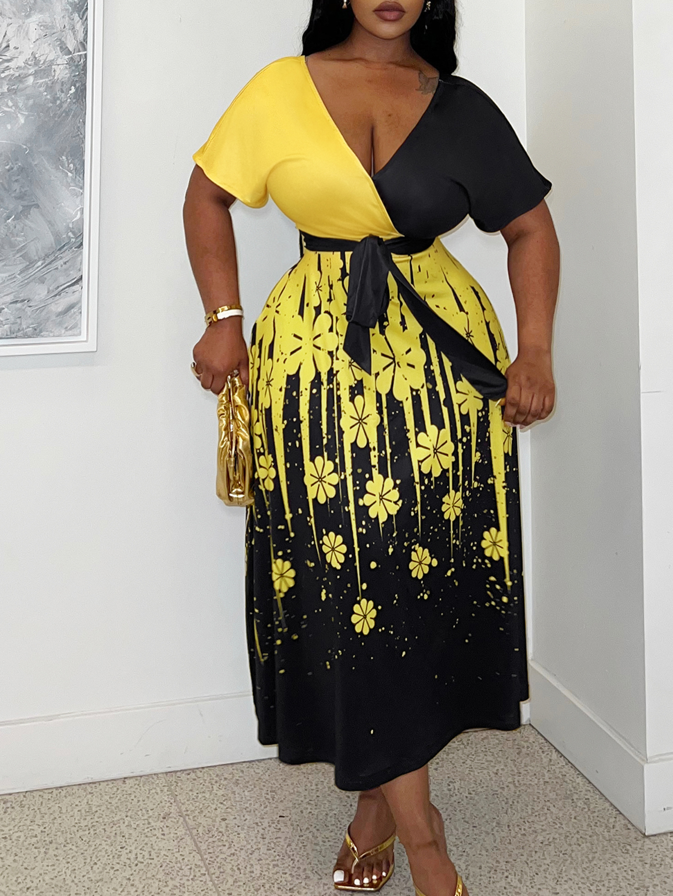 LW BASICS Plus Size V Neck Floral Print Belt Design Dress