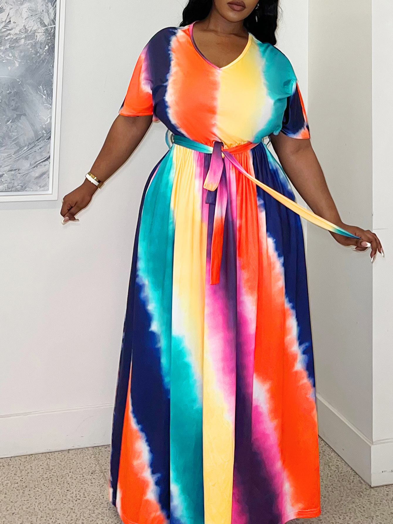 LW BASICS Plus Size Tie Dye Belt Design Dress 5X