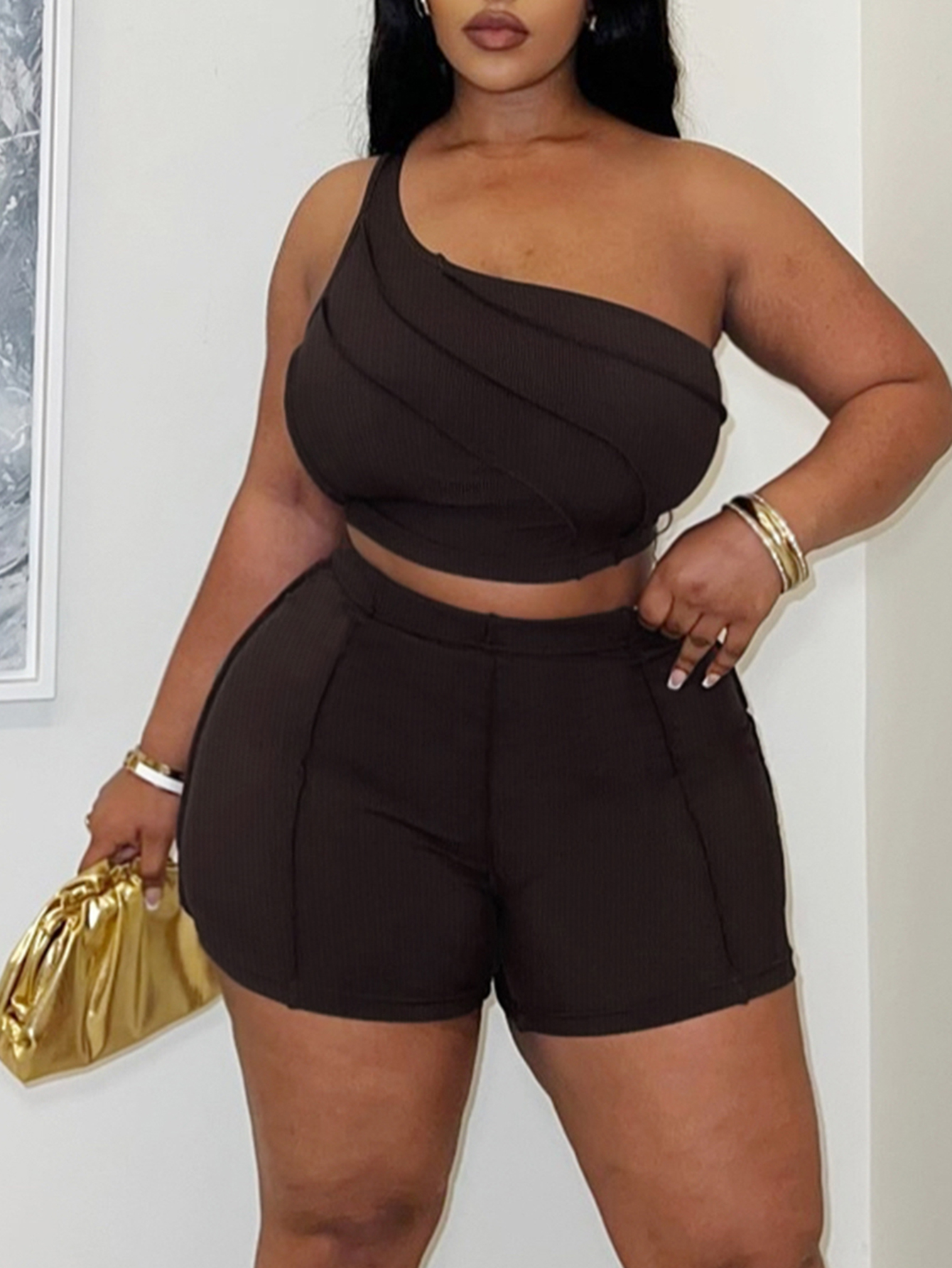 LW BASICS Plus Size One Shoulder Rib Knit Shorts Set