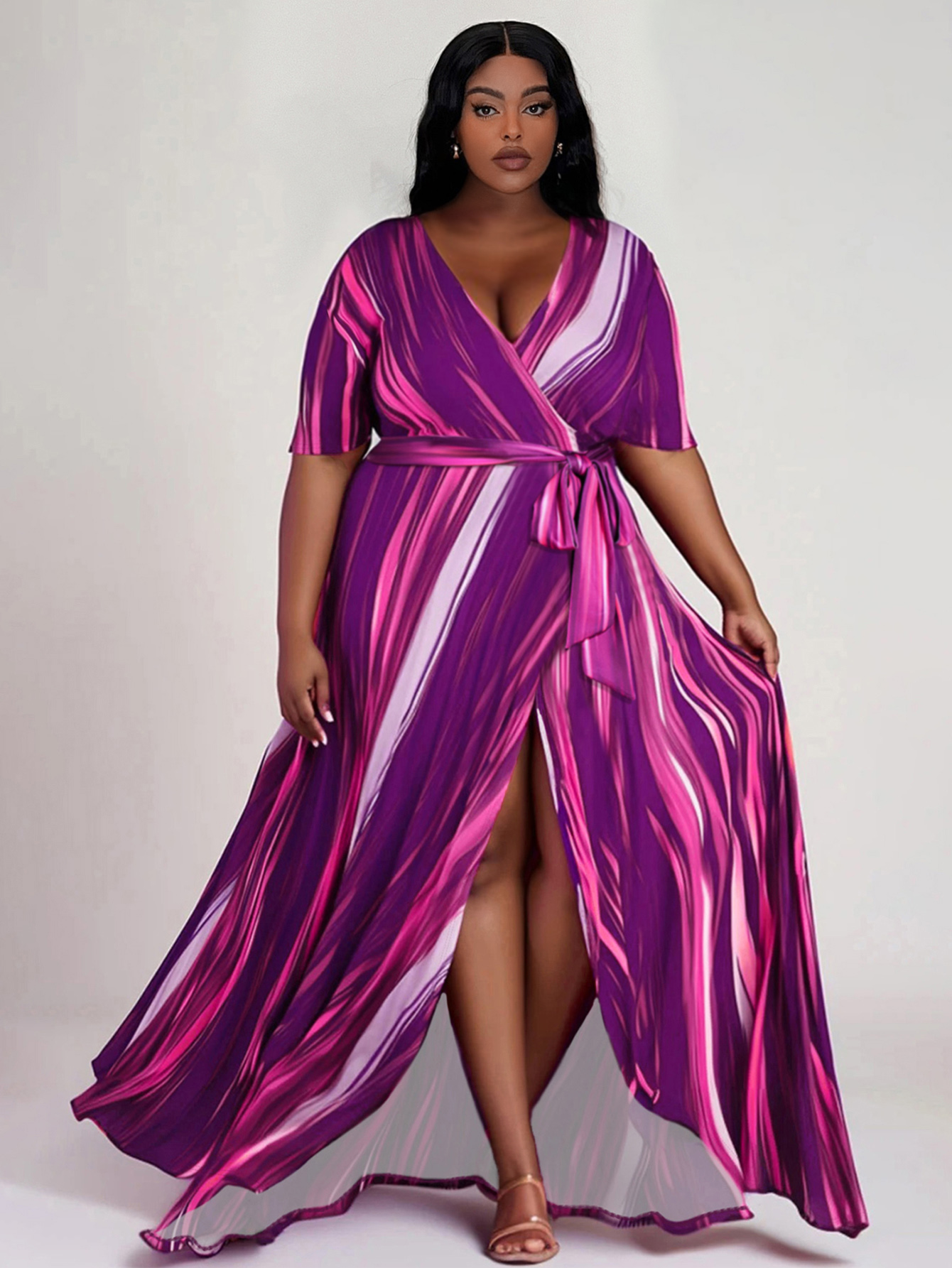 LW BASICS Plus Size Gradient Belt Design Wrapped Dress
