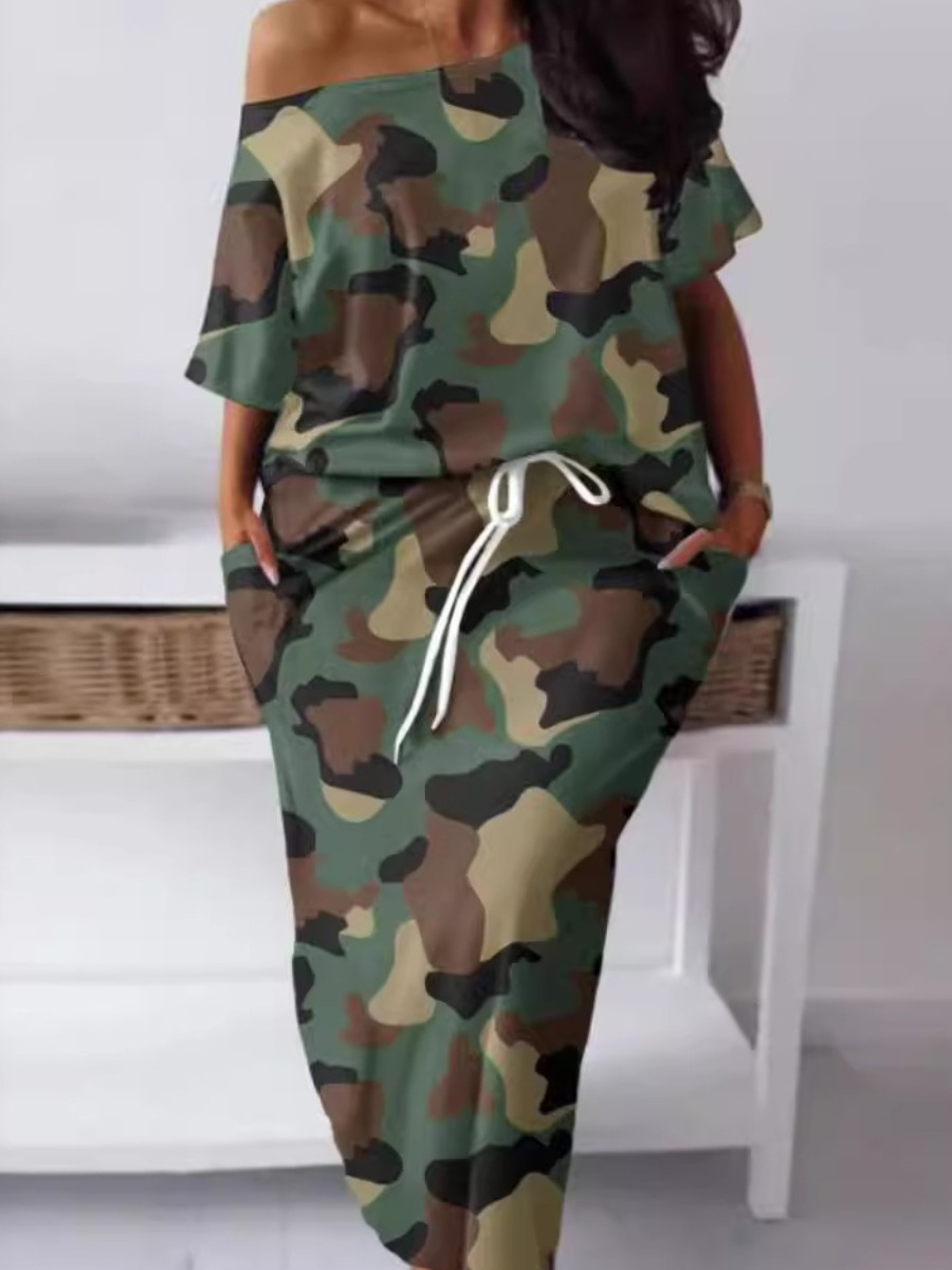 LW Camo Print Pocket Design Drawstring Skirt Set