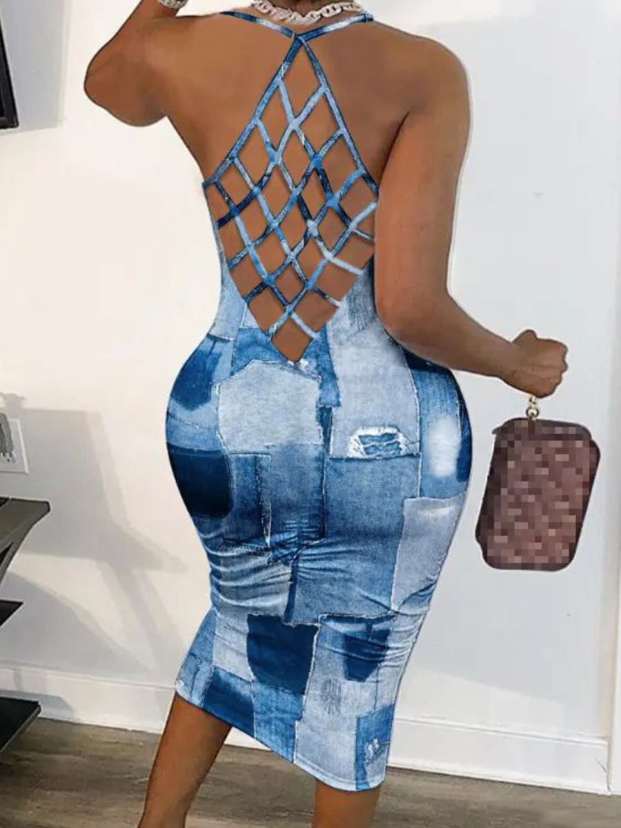 LW Imitation Denim Cut Out Bodycon Dress