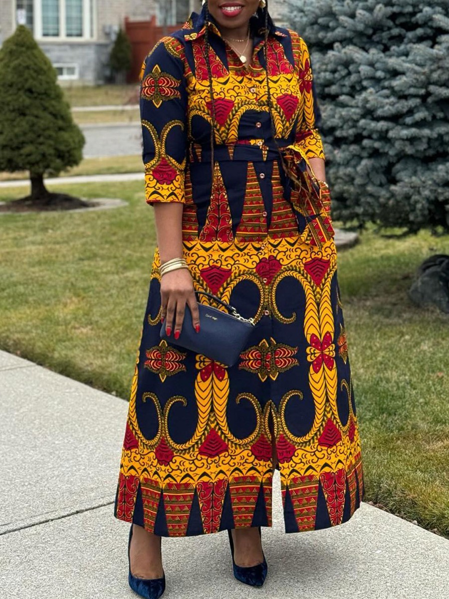 LW Plus Size Mixed Print Belt Design A Line Dress