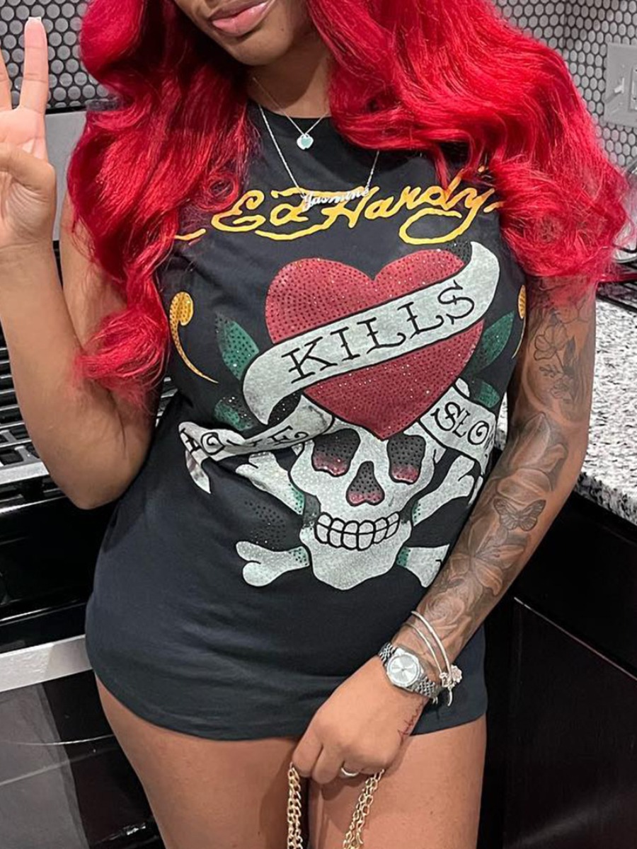 LW Skull Head Heart Letter Print T-shirt Dress