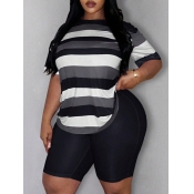 LW BASICS Plus Size Striped Patchwork Shorts Set