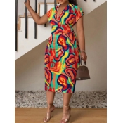 LW Plus Size V Neck Mixed Print Bodycon Dress