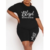 LW Plus Size Round Neck Letter Print Shorts Set