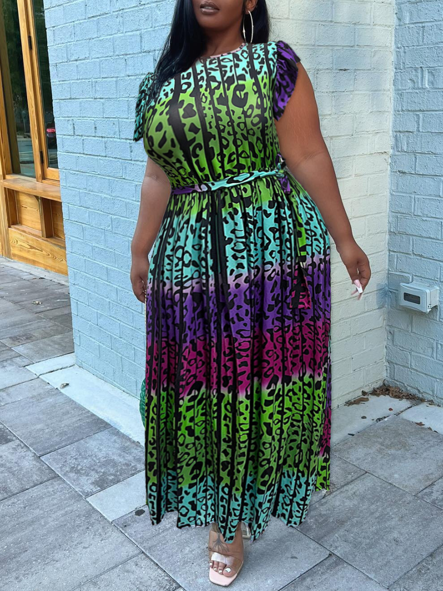LW Plus Size Leopard Print Ruffle Design Pleated Dress
