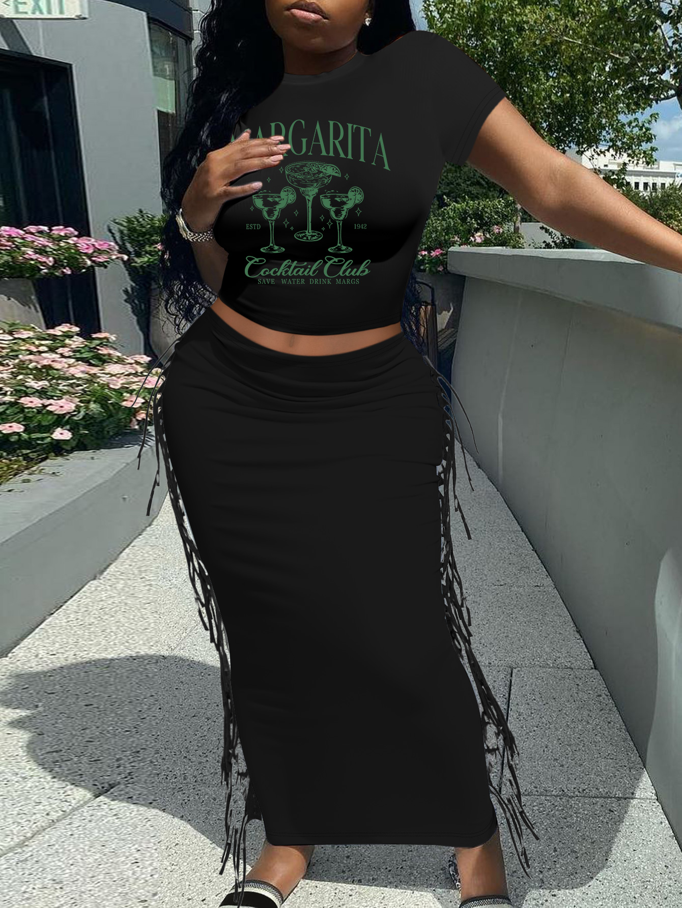 LW Crop Top Letter Print Tassel Design Skirt Set