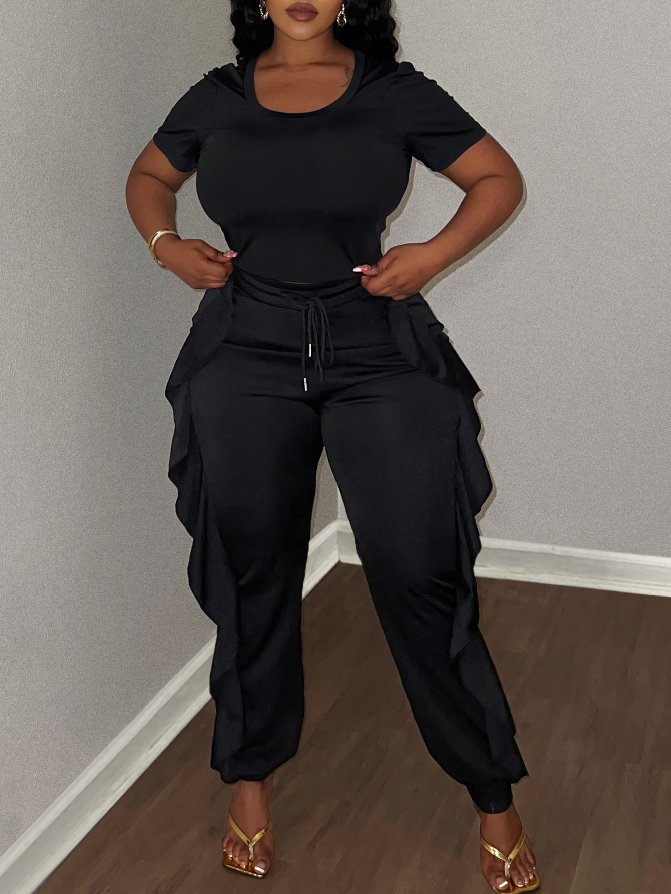 LW Plus Size Round Neck Fold Design Drawstring Pants Set
