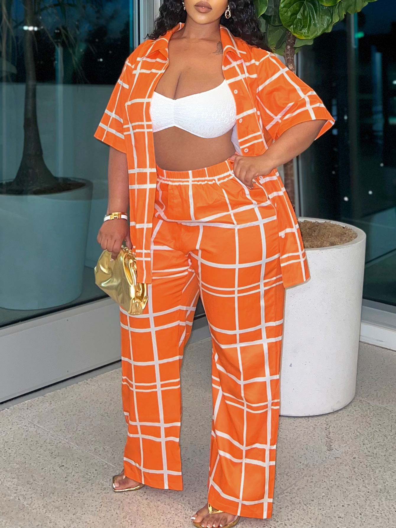LW BASICS Plus Size Plaid Print Wide Leg Pants Set