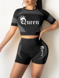 LW Crop Top Crown Queen Letter Print Shorts Set